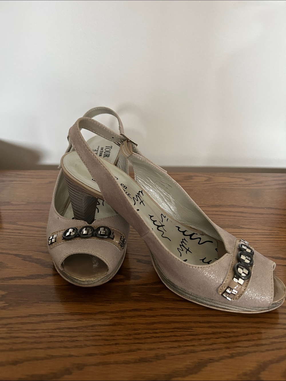 Taupe Open-Toe Slingback Heels with Chain Accent